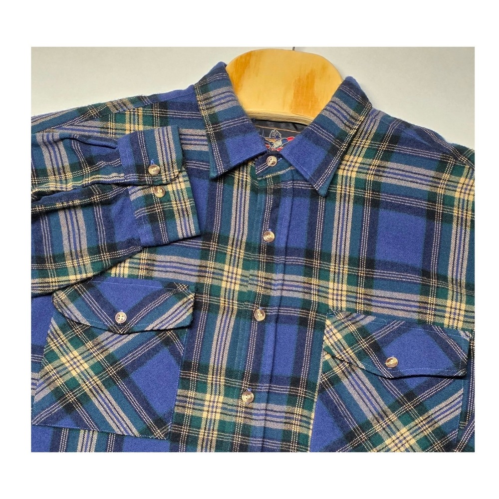 Back Packer Flannel Shirt‎ Long Sleeve Plaid Button Up Acrylic XL Blue Green